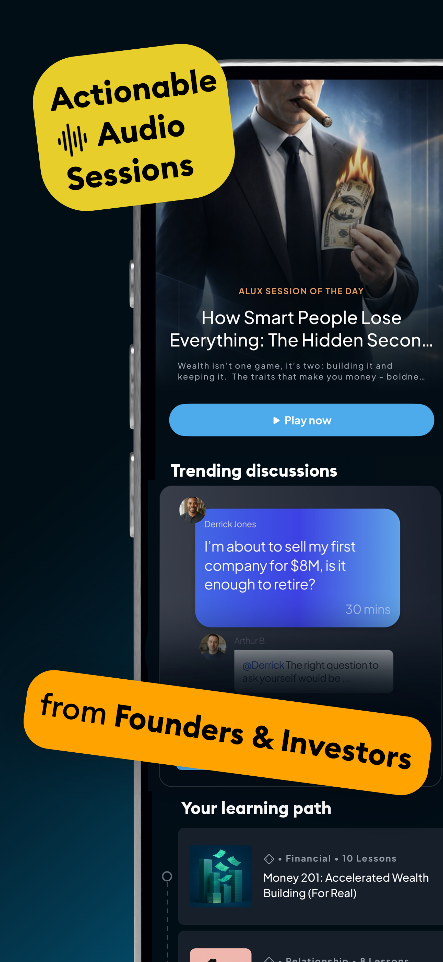 Alux app: Actionable audio sessions from founders and investors, with trending discussions