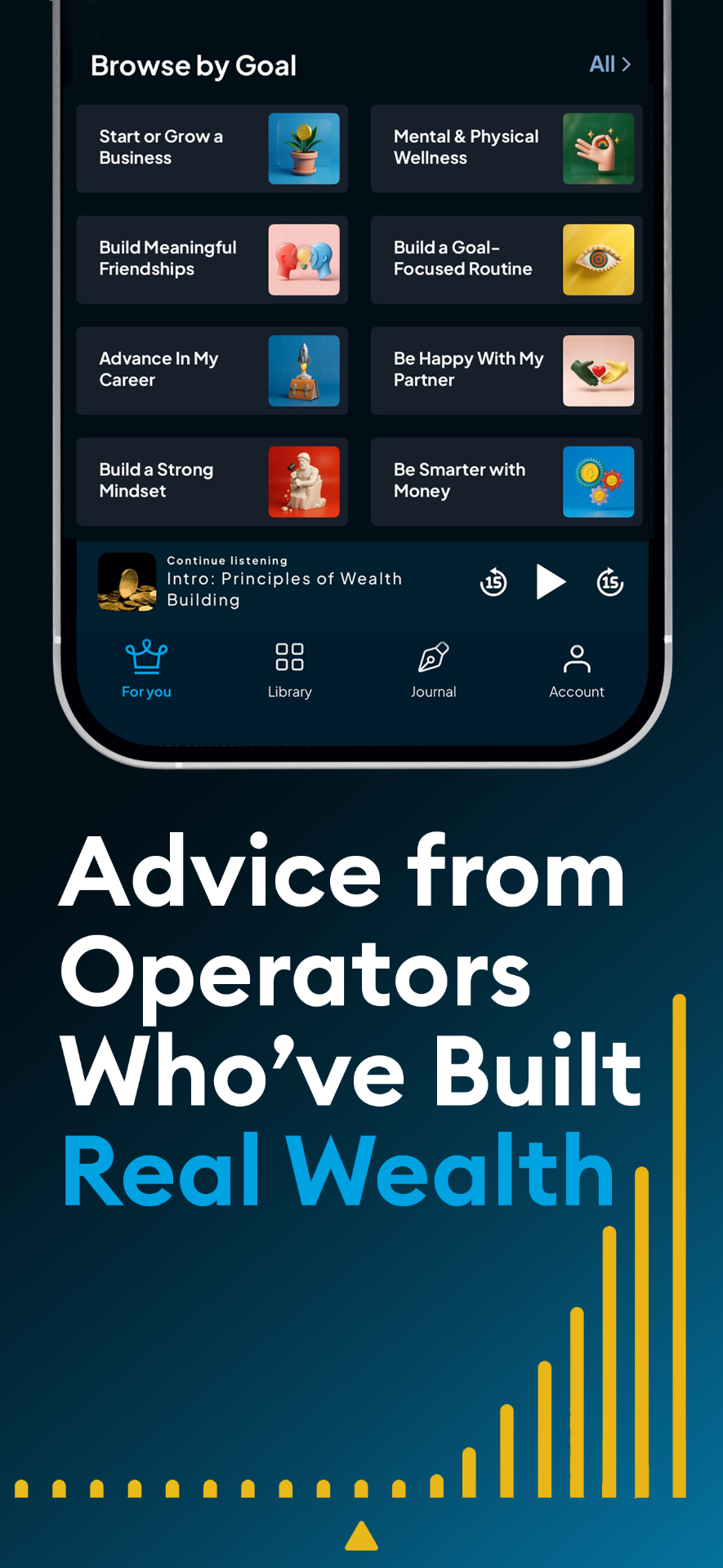 Alux app: Browse by goal - career, business, mindset, money, relationships, and wellness